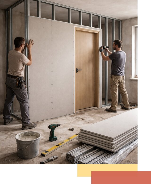 Перегородка из гипсокартона с дверью под ключ в Чехове