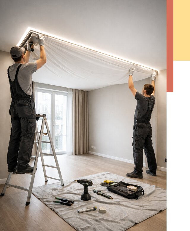 Монтаж парящего натяжного потолка в Чехове от 4575 руб. быстро и недорого | ОТДЕЛОЧНИК-Чхв