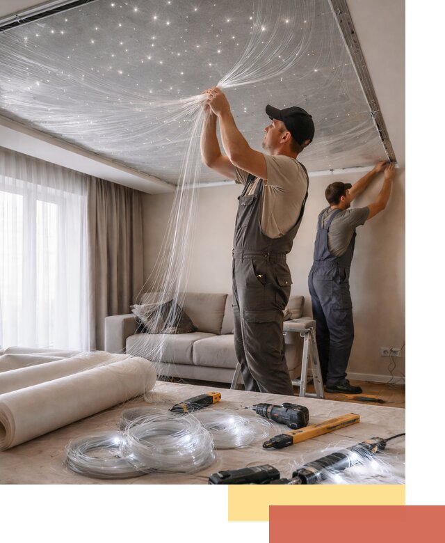 Монтаж натяжного потолка «Звездное небо» в Чехове