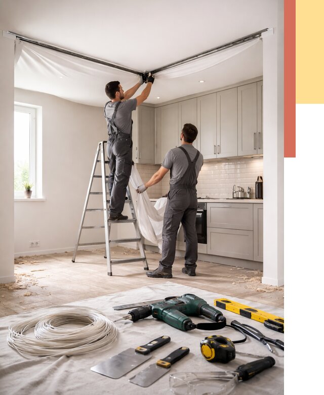 Установка натяжного потолка на кухне в Чехове от 2440 руб. | ОТДЕЛОЧНИК-Чхв