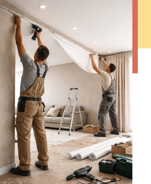 Монтаж натяжного потолка в гостиной в Чехове от 559 руб. | ОТДЕЛОЧНИК-Чхв