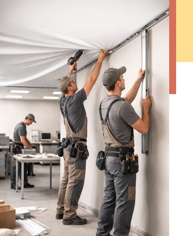 Монтаж натяжного потолка в офисе в Чехове от 458 руб/м² — быстро и недорого | ОТДЕЛОЧНИК-Чхв