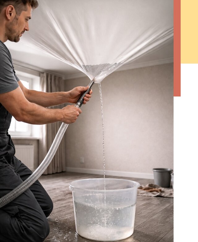 Слив воды с натяжного потолка в Чехове от 2542 руб. быстро и недорого | ОТДЕЛОЧНИК-Чхв