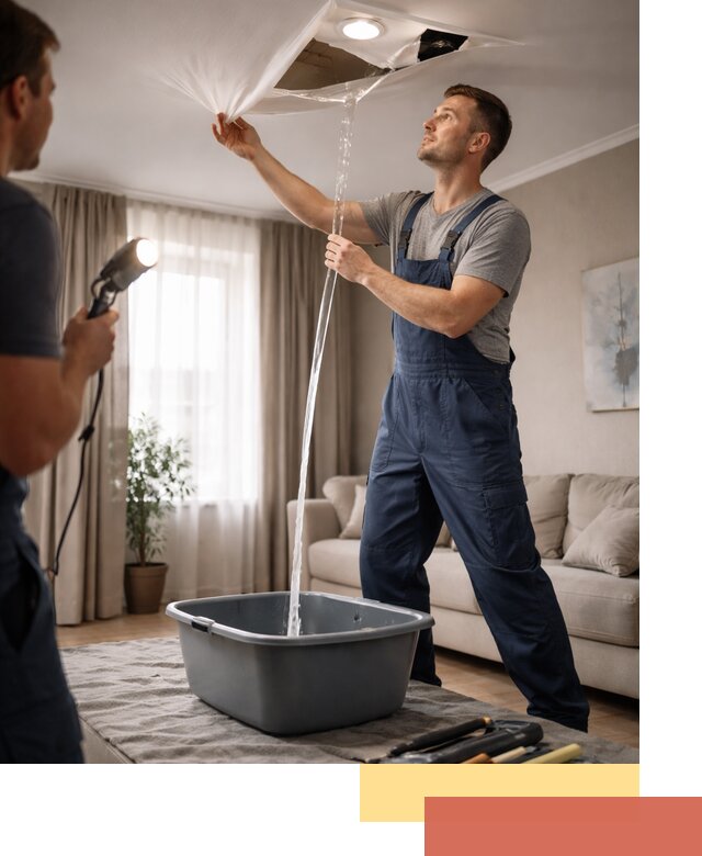 Слив воды с натяжного потолка в Чехове быстро и аккуратно