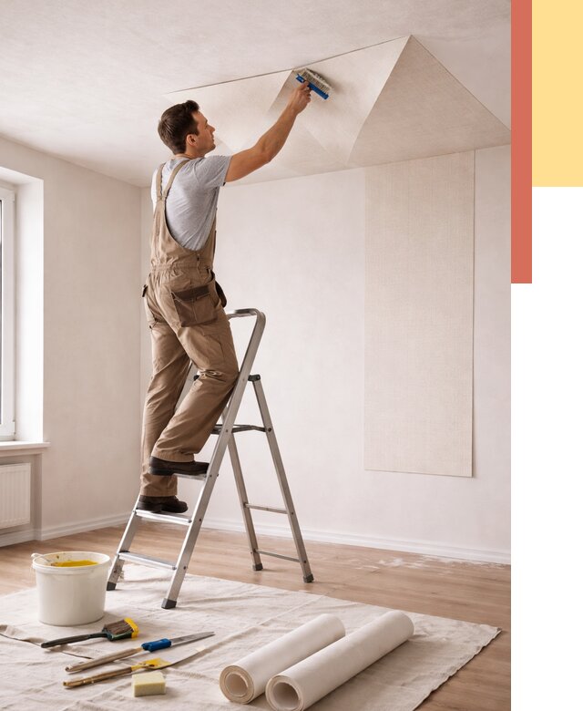 Поклейка обоев на потолок в Чехове от 4575 руб. быстро и недорого | ОТДЕЛОЧНИК-Чхв